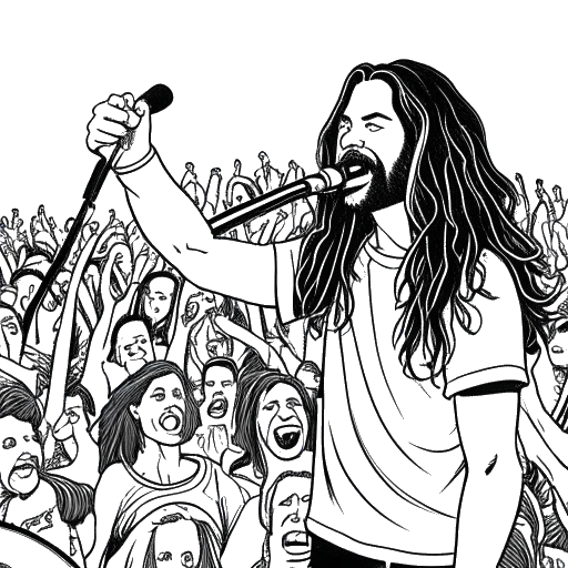 Desenho em arte linear de um homem representando Steve Aoki, com cabelos longos, segurando um microfone e equipamentos de DJ. Uma multidão de fãs entusiasmados é visível ao fundo, tudo em um fundo branco.