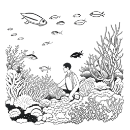 Lijntekening van een man die Steve Aoki vertegenwoordigt, onderwater, omringd door levendige koraalriffen en zeeleven, allemaal tegen een witte achtergrond.