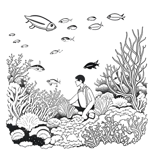 Lijntekening van een man die Steve Aoki vertegenwoordigt, onderwater, omringd door levendige koraalriffen en zeeleven, allemaal tegen een witte achtergrond.
