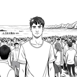 Desenho em arte linear de um homem representando Steve Aoki, com cabelo curto e traje casual, seus olhos mostrando imersão. O fundo transita perfeitamente entre uma praia serena e uma animada multidão de concerto, tudo em um fundo branco.
