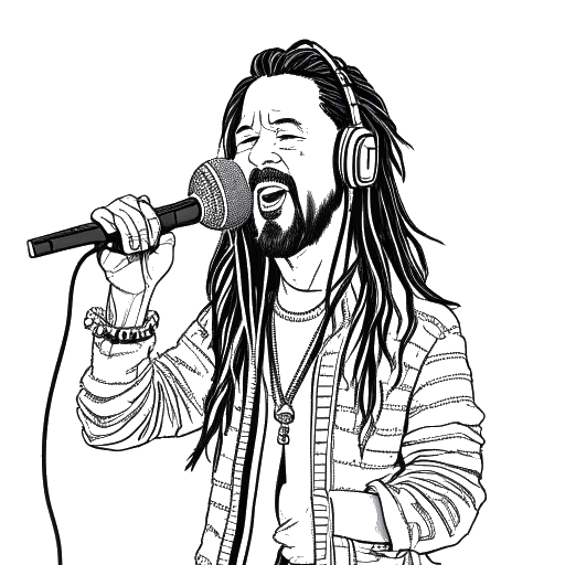 Line art drawing of a man in his late 40s, representing Steve Aoki, with spiky hair and a stylish outfit. He holds a microphone in one hand and DJ equipment in the other, symbolizing his career as a DJ and musician. The image is set against a white background.