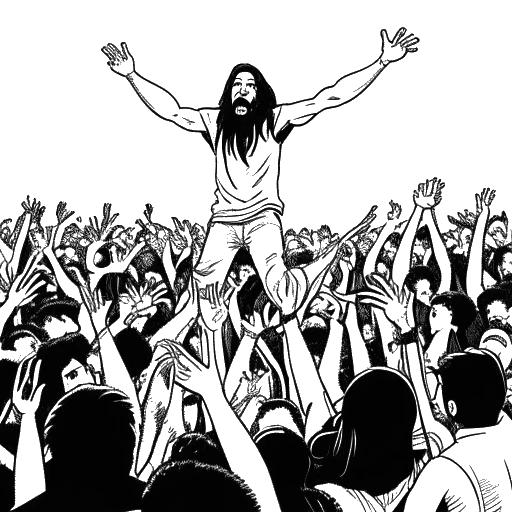 Dessin en ligne d'un homme, représentant Steve Aoki, effectuant le 'Aoki Jump' sur un radeau gonflable devant une foule en liesse