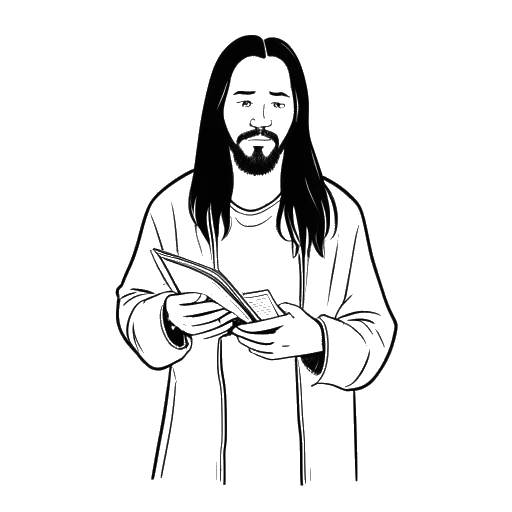 Line art drawing of a man, representing Steve Aoki, holding a book and wearing clothes from his clothing line