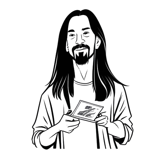 Line art drawing of a man, representing Steve Aoki, holding a concert ticket and donating money to charity
