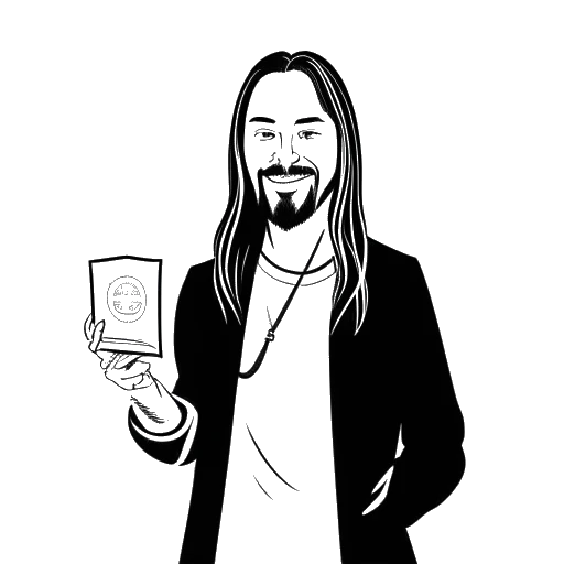 Line art drawing of a man, representing Steve Aoki, holding a donation check for a charitable organization