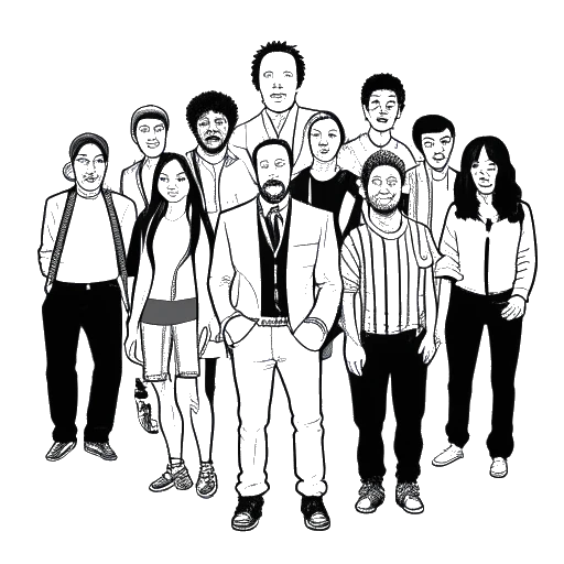 Desenho em arte linear de um homem, representando Steve Aoki, em pé com um grupo de pessoas diversas, incluindo BTS, Bill Nye e blink-182