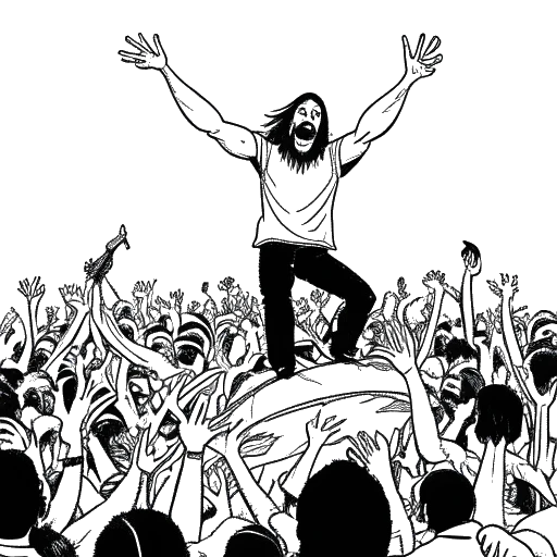 Line art drawing of a man, representing Steve Aoki, crowd-surfing on an inflatable raft and throwing a cake into the audience