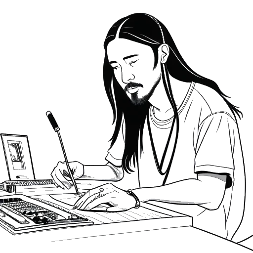 Line art drawing of a young man, representing Steve Aoki, working on a record label at a college campus