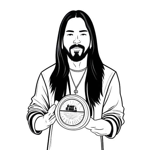 Desenho em arte linear de um homem, representando Steve Aoki, segurando prêmios de DJ