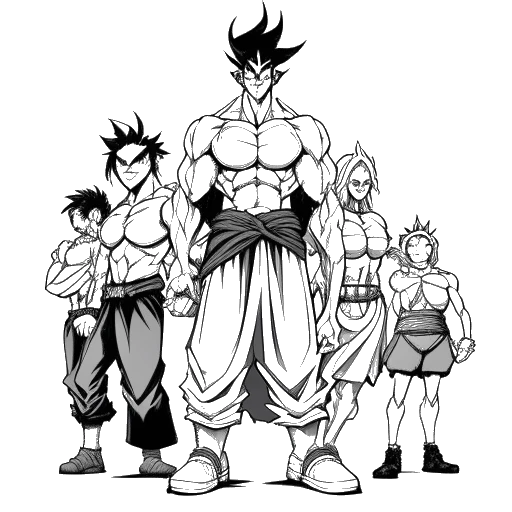 Disegno in stile line art di un uomo, rappresentante Steve Aoki, in piedi con Goku e altri personaggi di Dragon Ball Xenoverse 2