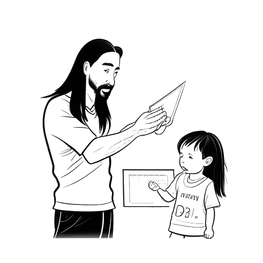 Line art drawing of a man, representing Steve Aoki, holding a child's hand and looking at a calendar of tour dates