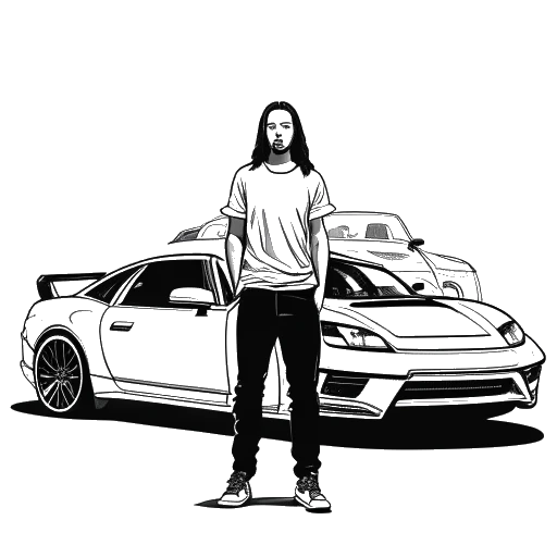 Disegno in stile line art di un uomo, rappresentante Steve Aoki, che sta con le auto della serie 'The Fast and the Furious' franchise