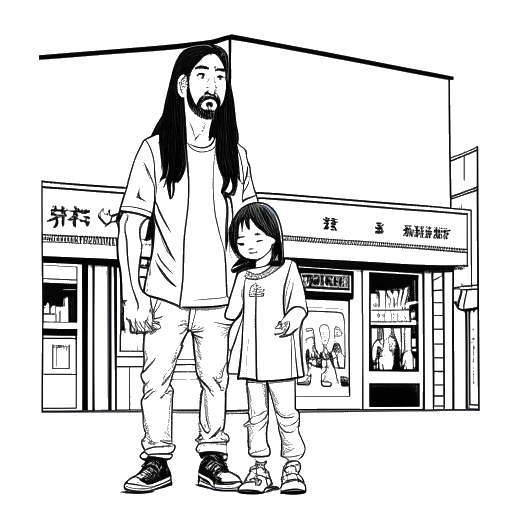 Line art drawing of a man and a child, representing Steve Aoki and his father, standing in front of a Benihana restaurant