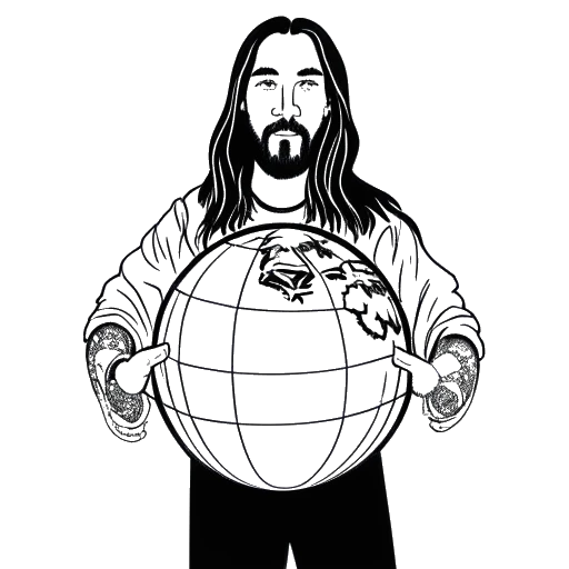 Line art drawing of a man, representing Steve Aoki, holding a globe with flags of 41 countries around it