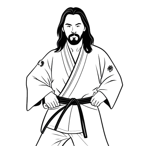 Line art drawing of a man, representing Steve Aoki, wearing a judo gi and holding a Brazilian jiu-jitsu belt