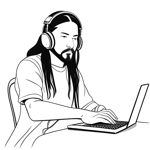 Desenho em arte linear de um homem, representando Steve Aoki, sentado em frente a um computador com um fone de ouvido de jogos
