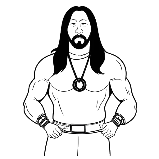 Strichzeichnung eines Mannes, der Steve Aoki repräsentiert, der Tauchausrüstung trägt und einen Gürtel aus dem professionellen Wrestling hält
