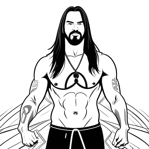 Desenho em arte linear de um homem, representando Steve Aoki, em frente a uma pintura de arte contemporânea com um cinturão da WWE ao fundo