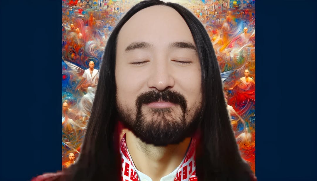 Steve Aoki, a male DJ and entrepreneur, with a bald head and light skin tone, wearing a vibrant red and white patterned garment with a high neck. He looks confident and focused as he looks straight into the camera. The background showcases a collage of colorful electronic music and fashion elements.