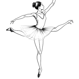 Lijnkunsttekening van een jonge ballerina, die Caroline Konstnar vertegenwoordigt, op gracieuze wijze een sprong in de lucht uitvoert in haar tutu en spitzen.