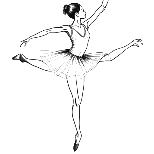 Desenho de arte linear de uma jovem bailarina, representando Caroline Konstnar, executando graciosamente um salto no ar em seu tutu e sapatilhas de ponta.