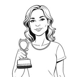 Lijnkunsttekening van Caroline Konstnar, met een overdreven gezichtsuitdrukking, die een YouTube-afspeelknop trofee vasthoudt.