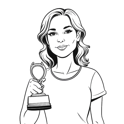 Lijnkunsttekening van Caroline Konstnar, met een overdreven gezichtsuitdrukking, die een YouTube-afspeelknop trofee vasthoudt.