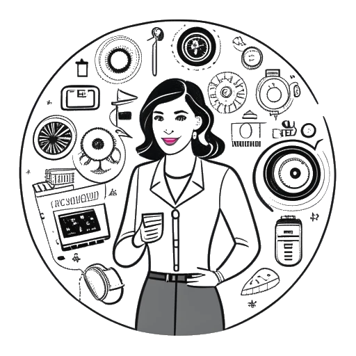 Line art drawing of a woman, representing Caroline Konstnar, holding a microphone, standing in front of a YouTube play button and a film reel. The background features symbols of business and investment, reflecting her entrepreneurial ventures and financial portfolio, all against a white backdrop.