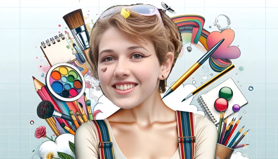 Caroline Konstnar, a talented artist and comedian, with fair skin and short side-swept hair, looking confidently into the camera. The background showcases vibrant illustrations and paintbrushes, reflecting her artistic nature.