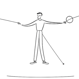 Strichzeichnung eines Mannes, der Julien Bam darstellt, der verschiedene Aspekte seines Lebens jongliert und dabei das Gleichgewicht auf einem Seil hält.