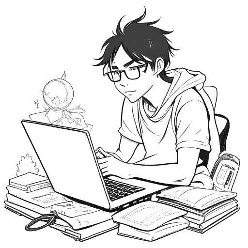 Strichzeichnung von Julien Bam, der Anime auf einem Laptop ansieht, während die Bücher 'Der Herr der Ringe' und 'Harry Potter' im Hintergrund angezeigt werden und seine Fangemeinde repräsentieren