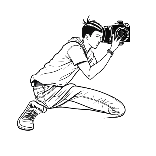 Strichzeichnung von Julien Bam beim Breakdancing, mit einer integrierten Kamera und Videokamera in der Illustration, die seine Leidenschaften zeigt