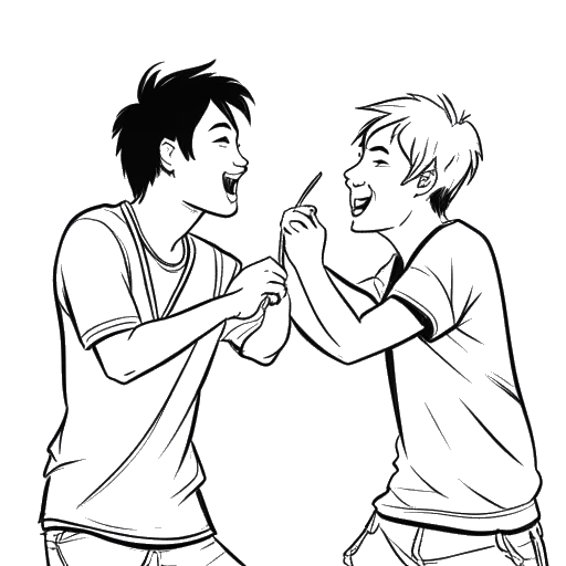 Strichzeichnung von Julien Bam und Rezo, die an einem lockereren Wettbewerb oder einem spielerischen Moment beteiligt sind und ihre Freundschaft repräsentieren