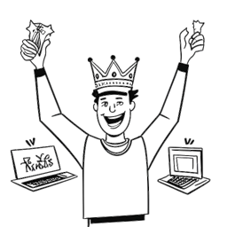 Strichzeichnung eines Mannes, der Aaron Troschke darstellt und energiegeladen eine Siegerkrone in einem Fernsehstudio hält, mit symbolischen Hinweisen auf YouTube- und Geschäftskomponenten, alles vor einem weißen Hintergrund.