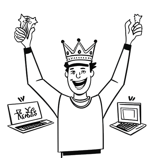 Line art drawing of a man, representing Aaron Troschke, energetically holding a victory crown in a TV show studio environment, with symbolic hints of YouTube and business components, all against a white backdrop.