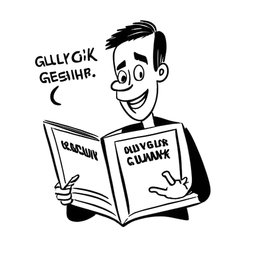 Strichzeichnung eines Mannes, der Aaron Troschke repräsentiert, der ein Buch hält, mit dem Titel 'Glück gehabt!!! – Meine vielen Leben von der Tankstellenaushilfe zum Kioskbesitzer, vom Fernsehkandidaten zum YouTube-Phänomen', was seine Autorenschaft des Buchs 2017 repräsentiert, auf einem weißen Hintergrund