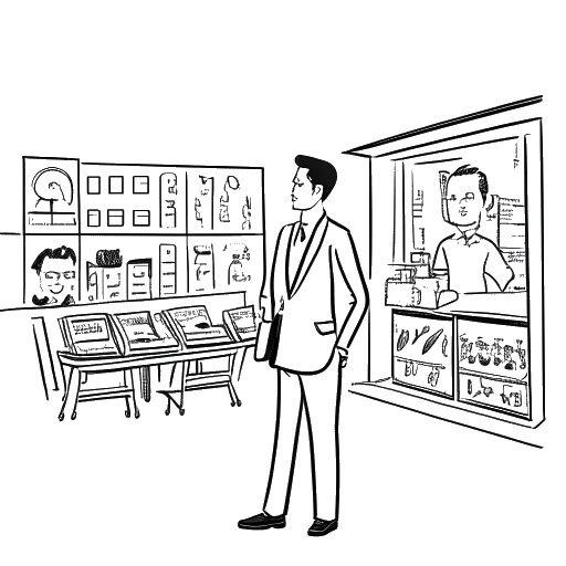 Line art drawing of a man, representing Aaron Troschke, visiting a company, with various company logos in the background, representing his hosting of the 'Ein Aaron für alle Fälle' series, on a white background