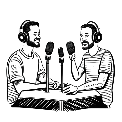 Line art drawing of two men, representing Aaron Troschke and C-BAS, co-hosting the 'Hauptsache Podcast', with microphones, on a white background
