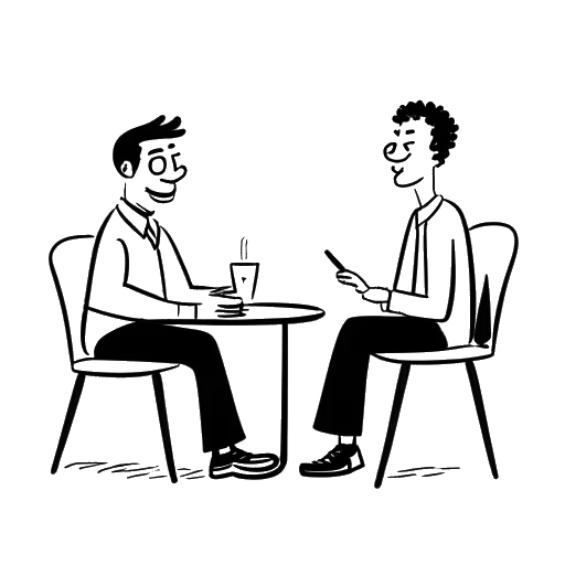 Line art drawing of a man, representing Aaron Troschke, conducting a fun and engaging interview with a visitor, representing his 'Idiotentests' series, on a white background