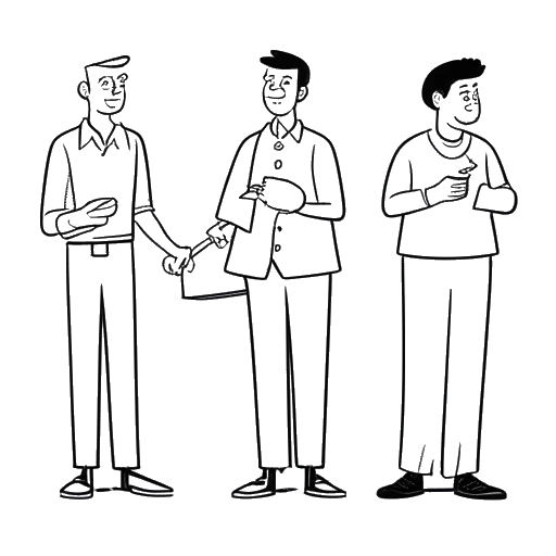 Line art drawing of a man, representing Aaron Troschke, performing three different jobs, as a masseur, pool manager, and retail salesman, on a white background