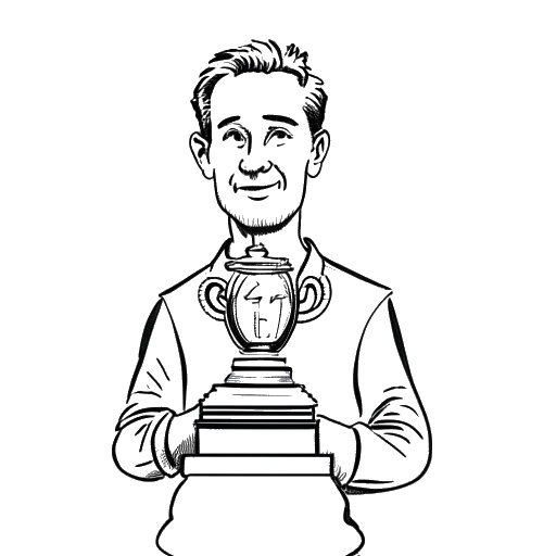 Strichzeichnung eines Mannes, der Aaron Troschke repräsentiert, der einen Pokal hält, mit einem bescheidenen Ausdruck, auf einem weißen Hintergrund