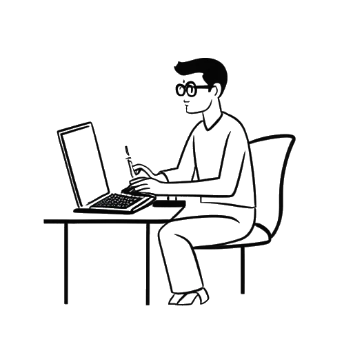 Line art drawing of a man and a computer, representing Aaron Troschke and the co-founding of ReachHero, an influencer marketing company, on a white background