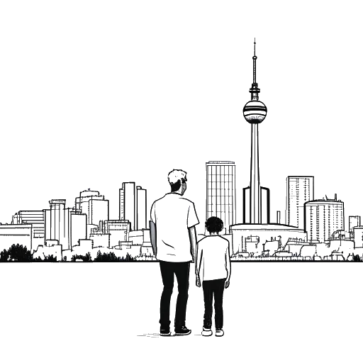 Line art drawing of a man, representing Aaron Troschke, with his son, in front of the Berlin skyline, representing his family and being based in Berlin, Germany, on a white background