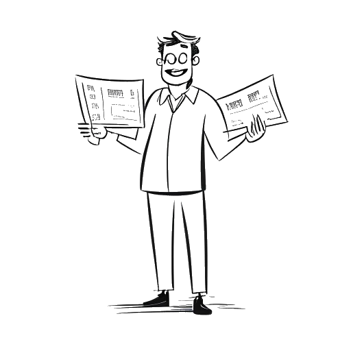 Line art drawing of a man, representing Aaron Troschke, holding a giant check, with the amount €125,000, representing his win on the TV show 'Wer wird Millionär?' in 2012, on a white background