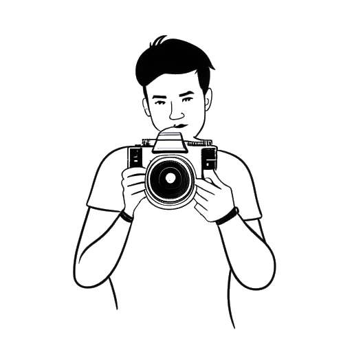 Strichzeichnung eines Mannes, der Aaron Troschke repräsentiert, der eine Kamera hält, mit dem YouTube-Logo im Hintergrund, was seinen Beginn seiner YouTube-Karriere 2013 mit dem Kanal 'Hey Aaron!!!' repräsentiert, auf einem weißen Hintergrund