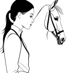 Een lijntekening van een vrouw, die Ava Louise voorstelt, in een spiegel die haar gestileerde transformatie weerspiegelt, naast een vredig paardenbeeld, wat haar veelzijdige persoonlijkheid illustreert.