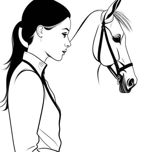Een lijntekening van een vrouw, die Ava Louise voorstelt, in een spiegel die haar gestileerde transformatie weerspiegelt, naast een vredig paardenbeeld, wat haar veelzijdige persoonlijkheid illustreert.