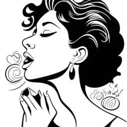 Een lijntekening van een vrouw, die Ava Louise symboliseert, met een sluwe glimlach, fluisterend naar een silhouet, met schandaalkoppen en een virus symbool in de periferie, wat haar beruchtheid benadrukt.