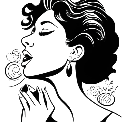 Line art representation of a woman, symbolizing Ava Louise, with a sly smile, whispering to a silhouette, with scandalous headlines and a virus symbol in the periphery, highlighting her notoriety.