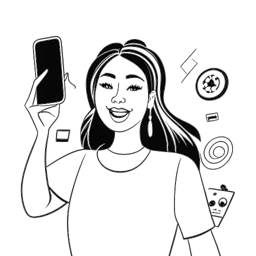 Line art drawing of a woman, representing Ava Louise, confidently taking a selfie, surrounded by TikTok and Instagram logos, with symbols of wealth highlighting her financial success.